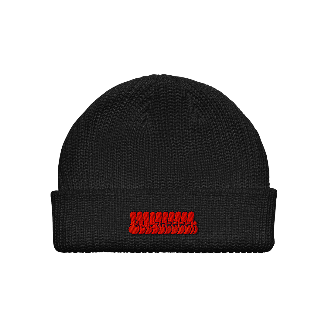RED TAGGED EMBROIDERED BEANIE - BLACK