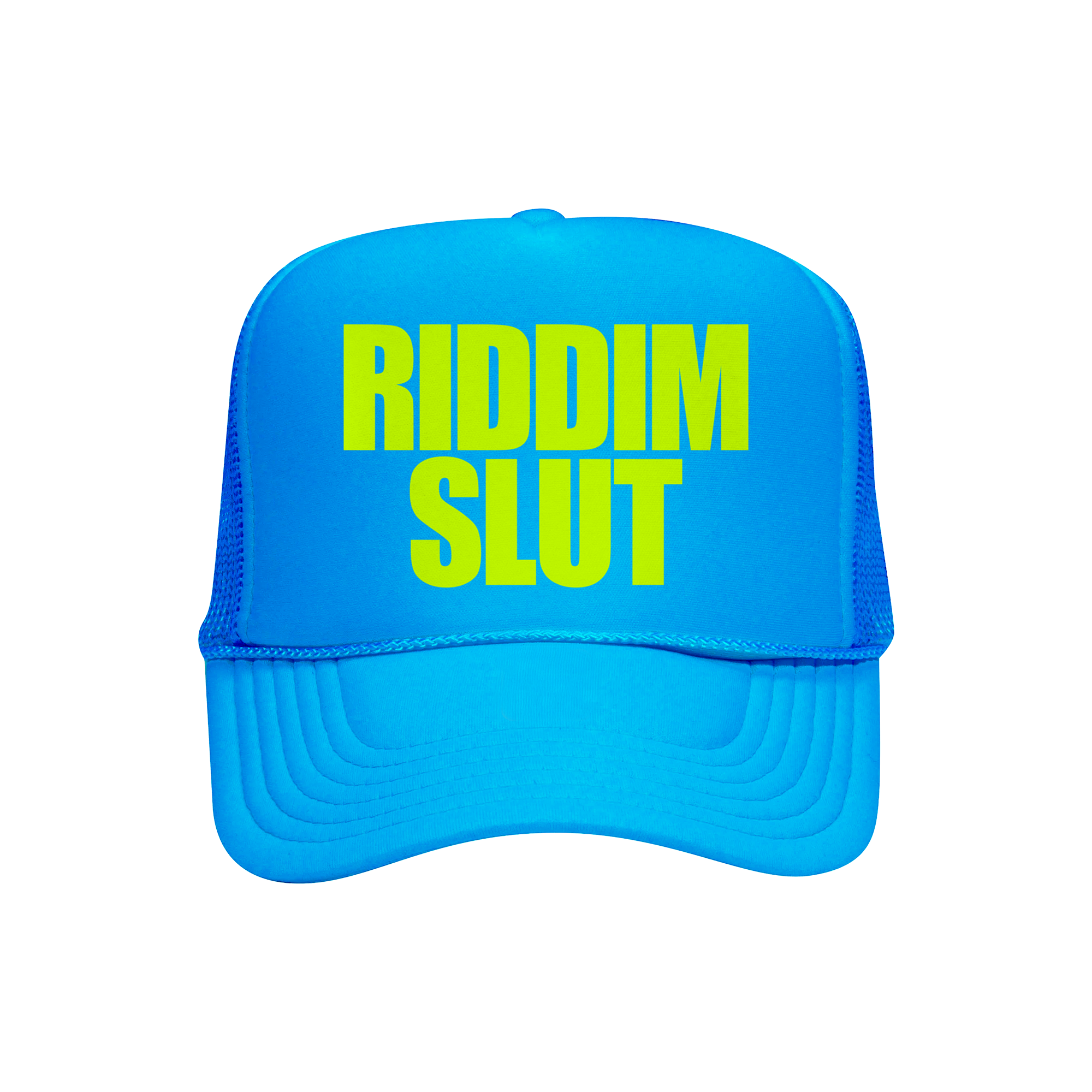 RIDDIM SLUT NEON BLUE TRUCKER HAT